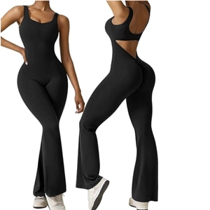Women Sexy Backless Sleeveless Flare Leg Jumpsuit High Waist Ruched Butt Lifting Yoga Romper Sporty Streetwear Overalls