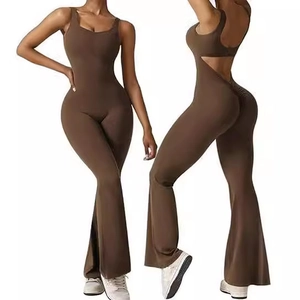 Women's backless sleeveless flare leg jumpsuit in matte dark coffee stretch fabric
