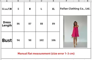 Size chart showing dress length and bust measurements for pink summer beach dress