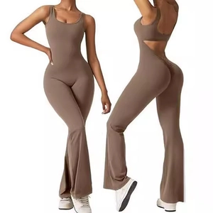Women's backless sleeveless yoga jumpsuit with flare legs and lifting effect in brown