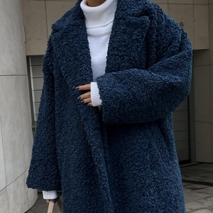 Damen Winter Teddy Mantel Faux Fur Lammfell Jacke Lang Doppelreihig Revers Übermantel Lose Warm Casual Pendler Outwear