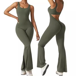 Women's backless sleeveless yoga jumpsuit in army green with flared legs and ruched lifting