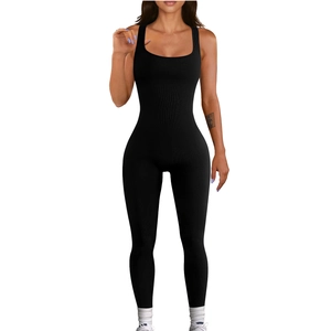 Sleepless black ribbed bodysuit with square neck and open back for yoga and fitness