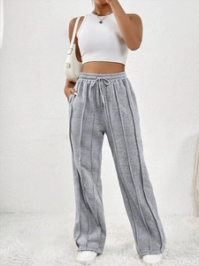 Pantalon de Jogging Femme Large Décontracté Taille Haute Cordon de Serrage Pantalon Droit Plis Verticaux Streetwear Sport