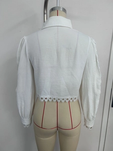 Detail of white cropped shirt featuring puff sleeves and intricate hollow lace embroidery