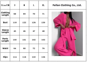 Detailed size chart for women's two-piece pajamas set showing length, bust and waist info