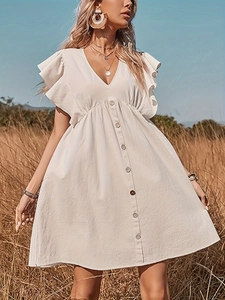 Robe Trapèze à Manches Volantes et Col en V pour Femmes Bohème Taille Haute Boutonnée en Coton Lin Midi Vacances