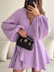 Elegant V-Neck Lantern Long Sleeve Mini Dress Solid Color Ruffle Hem Elastic Waist Sexy Party Vacation Dress For Women