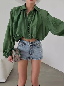 Chemisier Femme Mode Revers Manches Bouffantes Court Ample Couleur Unie Chemise Boutonnée Décontractée Streetwear Élégant