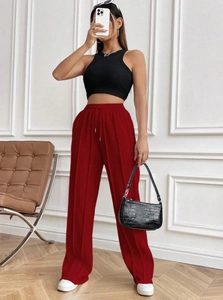 Pantalon large rouge pour femme avec taille haute à cordon et rayures verticales tendance