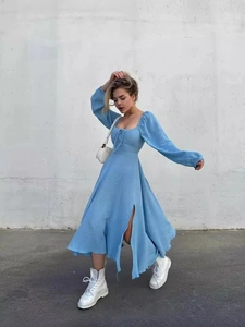 Elegant light blue square neck midi dress with side slit and tie front detailing