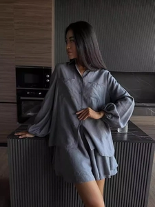 Women casual grey-blue long sleeve shirt and ruffle shorts set for summer style