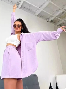 Women's lavender casual two-piece set with long-sleeve button shirt and high-waist shorts