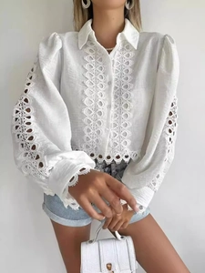 Women's Elegant Hollow Out Lace Blouse Lapel Long Lantern Sleeve Cropped Shirt Solid Color Casual Polyester Top White Black
