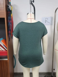 Detailed back view of a plus-size dark green V-neck T-shirt with lace splicing details