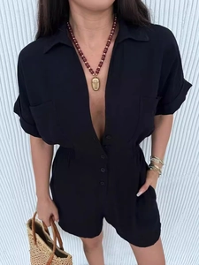 Women's black short sleeve button-down romper with V-neck and elastic waist