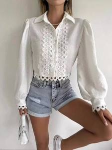 Elegant white hollow out lace shirt with puff sleeves and turnover collar for women