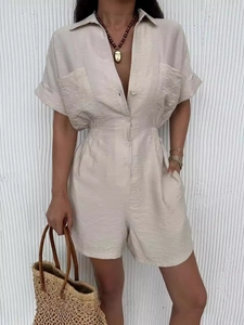 Women's casual beige short sleeve romper with button-down collar and elastic waist