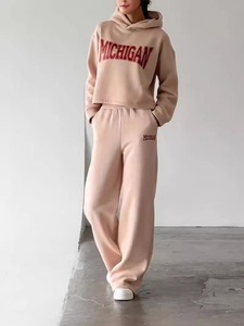 Women's Casual Collegiate Letter Print Hooded Sweatshirt and Wide Leg Pants Top And Bottom Set