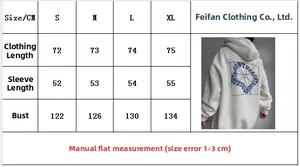 Detailed size chart for white hoodie featuring growth letter print on the back