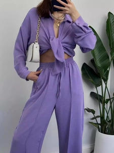 Women's casual purple two-piece set featuring a lapel shirt and wide-leg tied trousers