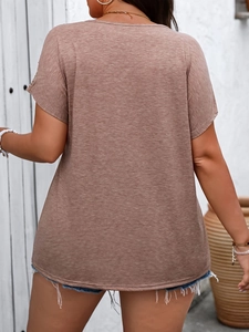 Women's loose V-neck short sleeve T-shirt with hollow lace stitching in heathered brown