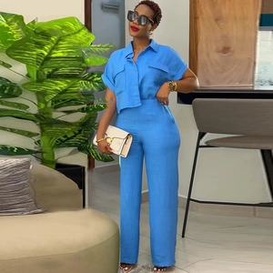 Women's two-piece sky blue set with short sleeve button shirt and high waist wide leg pants
