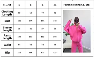 Detailed size chart in CM for the women's fleece tracksuits from size S to XL