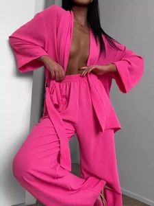 Women Casual Two Piece Set Crinkle Texture Kimono Wrap Top And Wide Leg Pants Solid Loungewear Loose Comfort Fashion Outfit