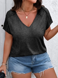 Women's V-neck dark grey short sleeve T-shirt with elegant lace splicing on shoulders