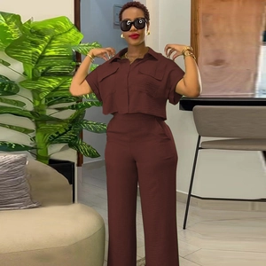 Women's summer two-piece dark brown casual set with short sleeve shirt and wide leg pants