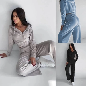 Completo Donna Top E Pantaloni In Poliestere Effetto Velluto Casual Sportivo Con Cappuccio Cerniera Pantaloni Larghi Autunno Inverno