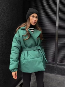Women's thick green winter cotton coat with lapel collar and waist belt closure