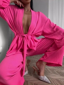 Bright pink wrap top and high-waist wide-leg trousers set for women's stylish loungewear