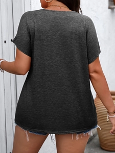 Women's casual loose dark gray V-neck short sleeve top with delicate lace patchwork