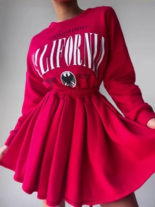 Women's California Letter Print Fleece Lined Long Sleeve Sweatshirt And Pleated Mini Skirt Two Piece Set Streetwear Outfits