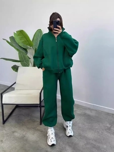 Women's 2024 fashion dark green fleece tracksuit set with zip-up jacket and joggers