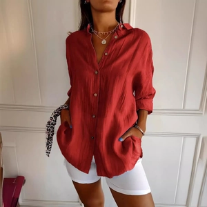 Relaxed fit brick red button-down shirt with pleated linen texture and long sleeves