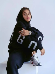 Tuta sportiva nera ampia con stampa di lettere New York e felpa con cappuccio oversize