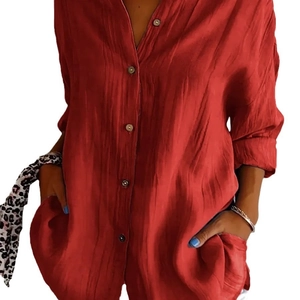 Red single-breasted pleated shirt with lapel collar and long sleeves for women