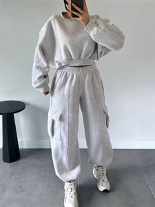 Women Casual Sweatshirt And Cargo Pants Round Neck Crop Top Solid Color Streetwear Loungewear Autumn Fashion Tracksuit Outfit