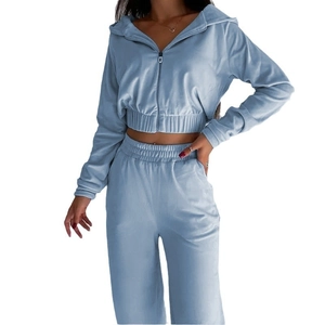Set due pezzi da donna in velluto azzurro con felpa corta e pantaloni a gamba larga casual