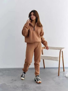Women tan two-piece tracksuit featuring a half-zip long sleeve hoodie and jogger set