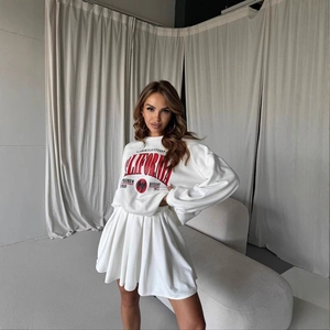 Close-up of white fleece sweatshirt with red California eagle print and pleated mini skirt
