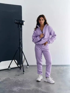 Women's lavender purple 2-piece tracksuit with stand collar half-zip sweatshirt and joggers
