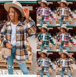 Giacca a Camicia a Quadri da Donna Casuale Manica Lunga con Bottoni in Cotone Shacket Capispalla Streetwear Retrò per Autunno Inverno