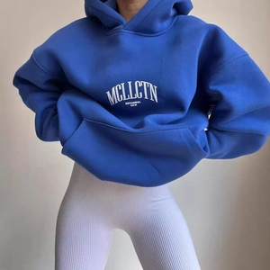 Klein blue oversized hoodie with white letter print and kangaroo pocket for women