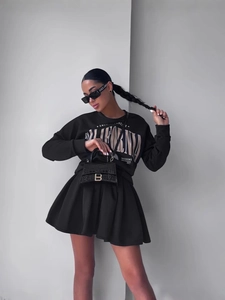 Women's black California print sweatshirt and pleated mini skirt set in streetwear style