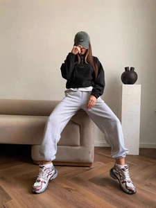 Women's black half-zip sweatshirt with letter embroidery and grey sweatpants set