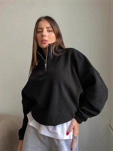 Women's black half-zip fleece sweatshirt with green letter embroidery and stand collar